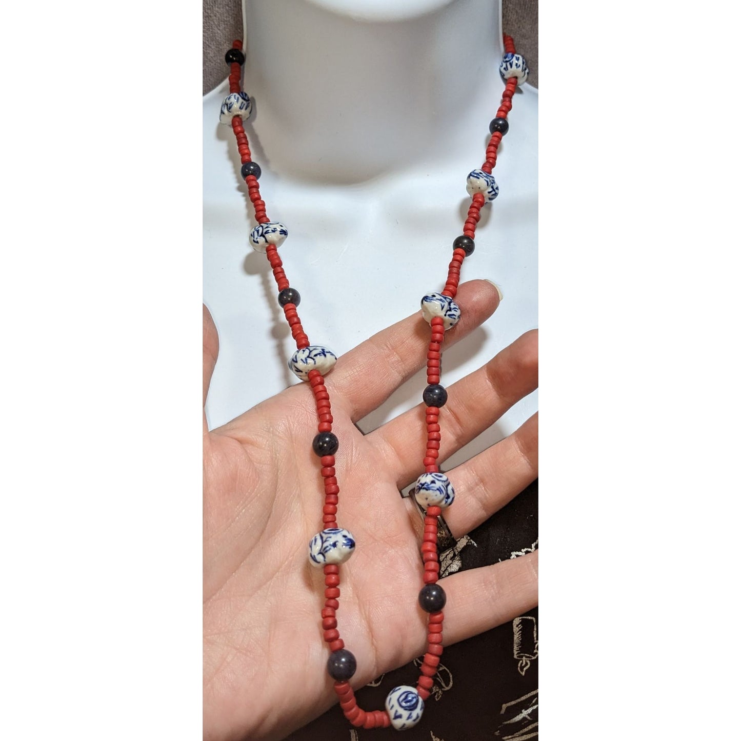 Vintage Glass Beaded Necklace Hand Painted Porcelain Bunny Beads Red Blue White