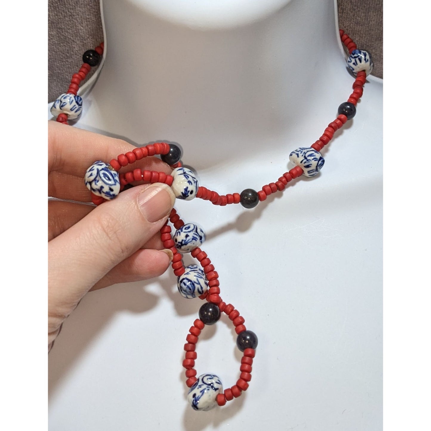 Vintage Glass Beaded Necklace Hand Painted Porcelain Bunny Beads Red Blue White