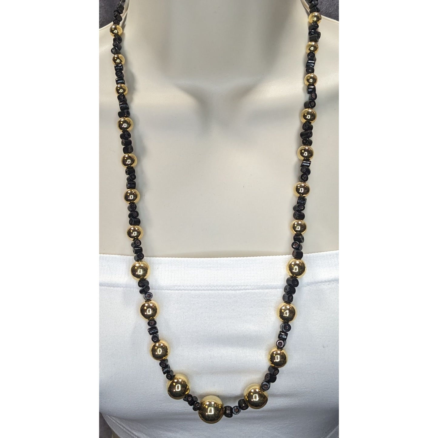 Vintage Gold Tone And Black Beaded Necklace With Lucite Hook Clasp