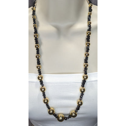 Vintage Gold Tone And Black Beaded Necklace With Lucite Hook Clasp