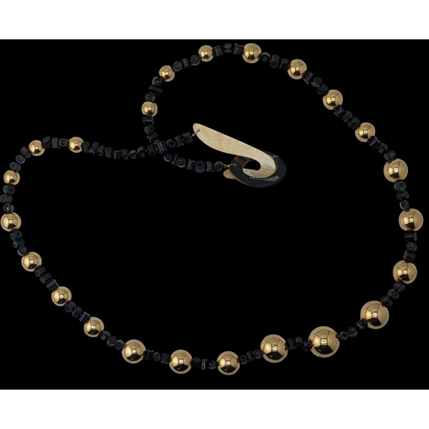 Vintage Gold Tone And Black Beaded Necklace With Lucite Hook Clasp