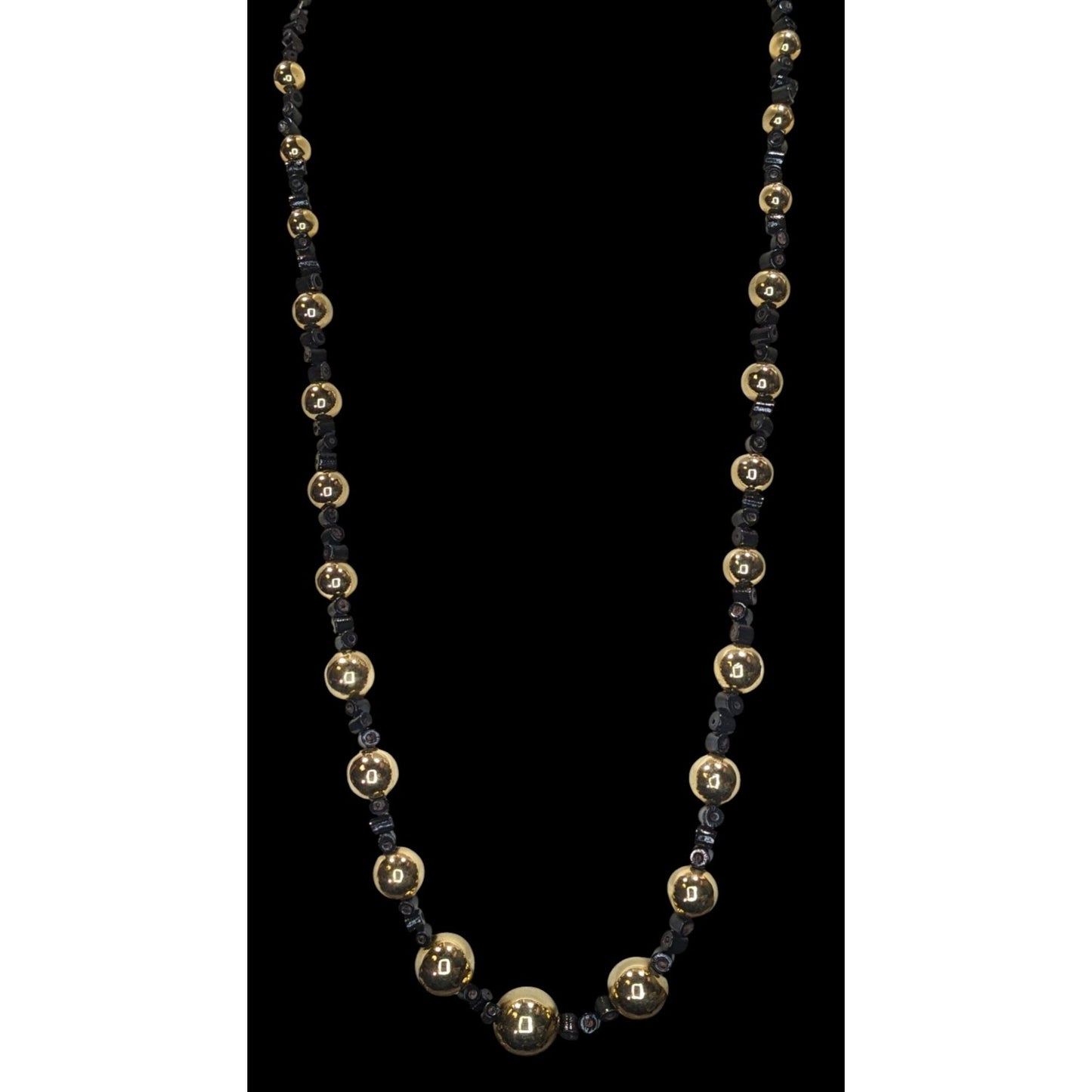 Vintage Gold Tone And Black Beaded Necklace With Lucite Hook Clasp