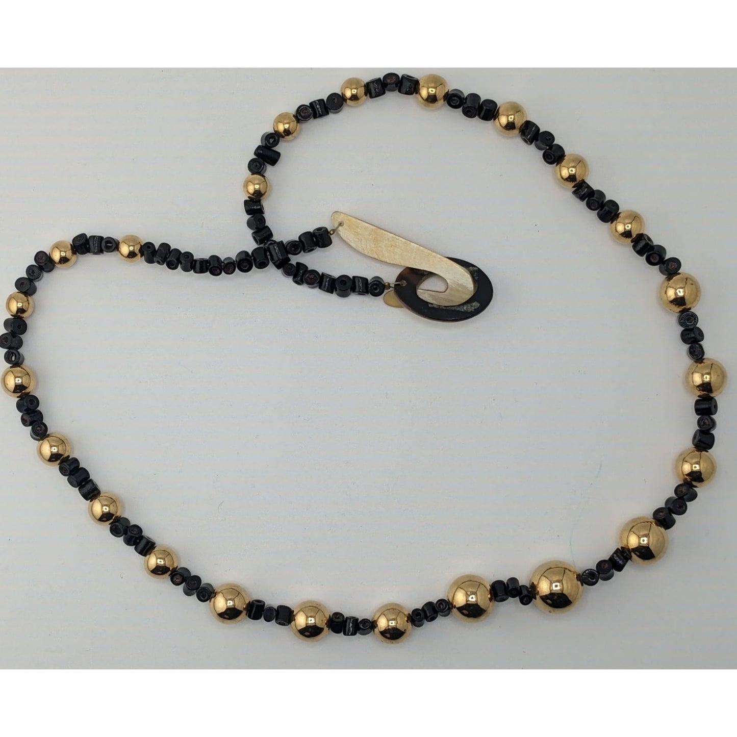 Vintage Gold Tone And Black Beaded Necklace With Lucite Hook Clasp