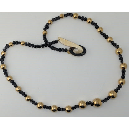 Vintage Gold Tone And Black Beaded Necklace With Lucite Hook Clasp
