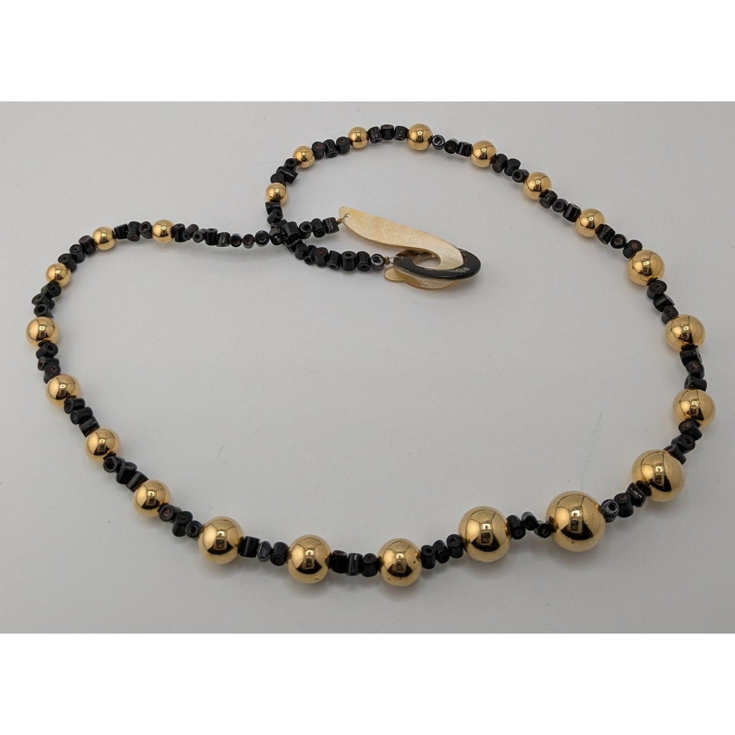 Vintage Gold Tone And Black Beaded Necklace With Lucite Hook Clasp