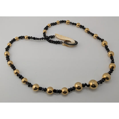 Vintage Gold Tone And Black Beaded Necklace With Lucite Hook Clasp