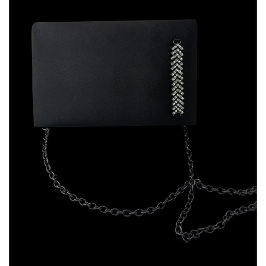 Y2K Style Pacomena By Menbur Black Satin Clutch Purse With Chain Strap & Rhinestone Accent