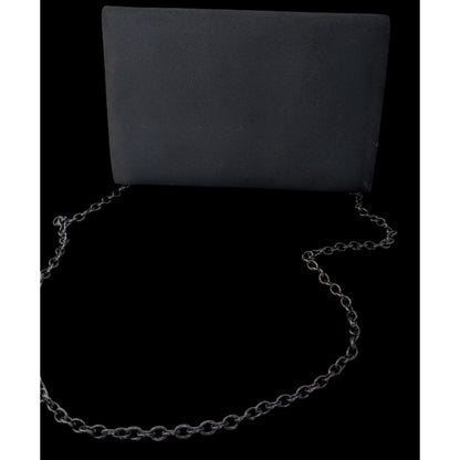 Y2K Style Pacomena By Menbur Black Satin Clutch Purse With Chain Strap & Rhinestone Accent