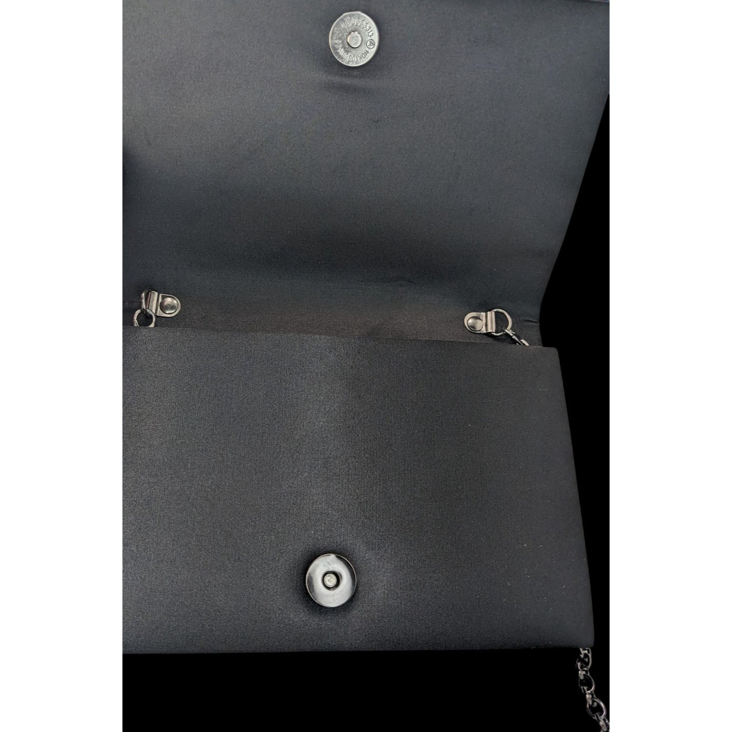 Y2K Style Pacomena By Menbur Black Satin Clutch Purse With Chain Strap & Rhinestone Accent
