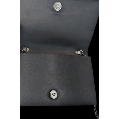 Y2K Style Pacomena By Menbur Black Satin Clutch Purse With Chain Strap & Rhinestone Accent
