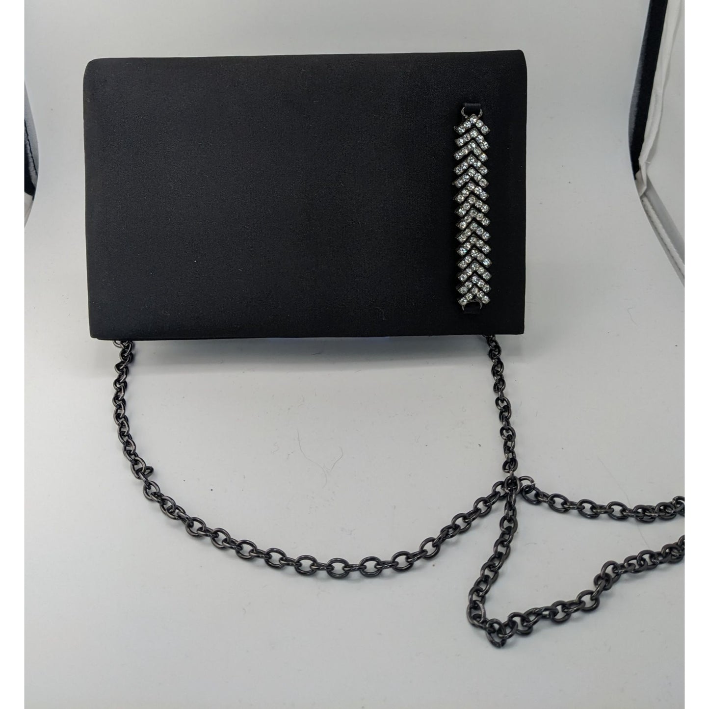Y2K Style Pacomena By Menbur Black Satin Clutch Purse With Chain Strap & Rhinestone Accent