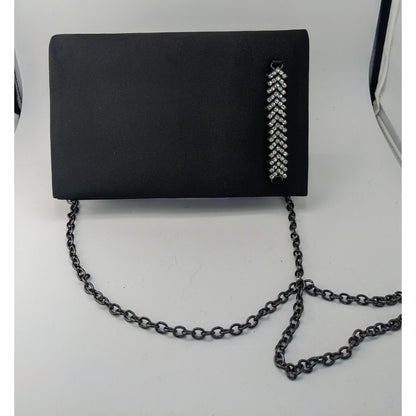Y2K Style Pacomena By Menbur Black Satin Clutch Purse With Chain Strap & Rhinestone Accent