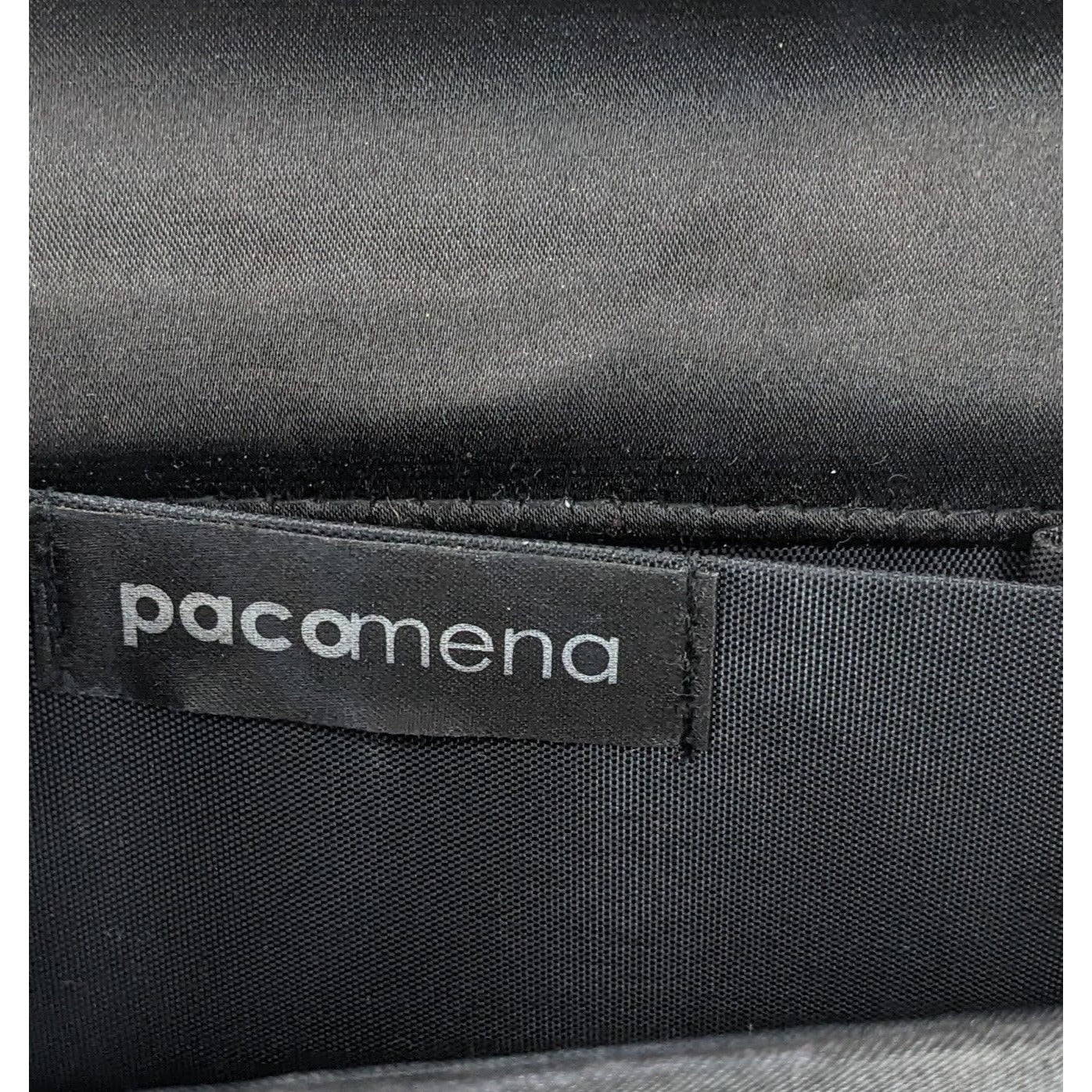 Y2K Style Pacomena By Menbur Black Satin Clutch Purse With Chain Strap & Rhinestone Accent