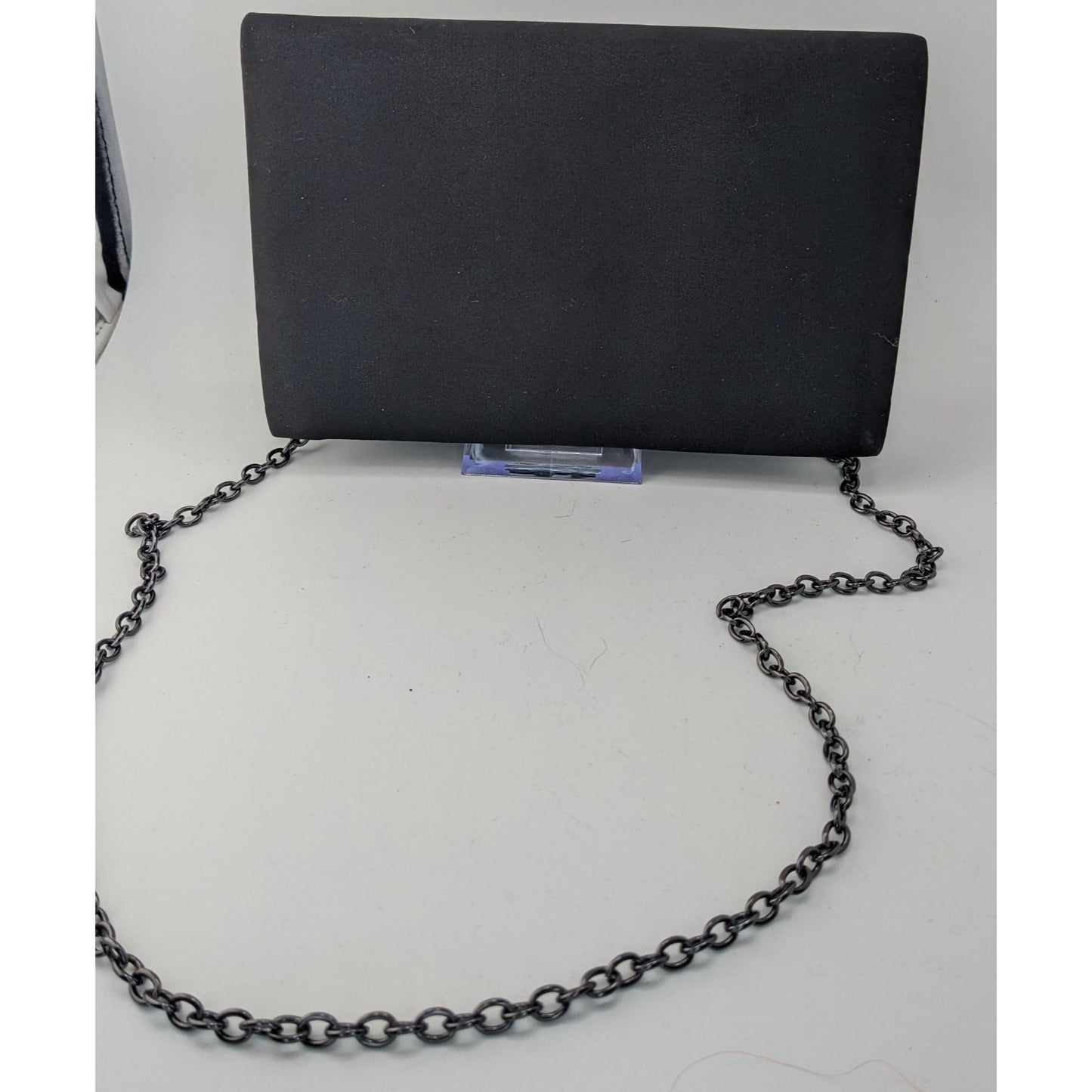 Y2K Style Pacomena By Menbur Black Satin Clutch Purse With Chain Strap & Rhinestone Accent
