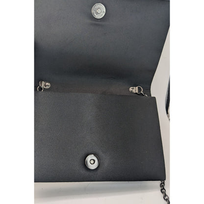 Y2K Style Pacomena By Menbur Black Satin Clutch Purse With Chain Strap & Rhinestone Accent