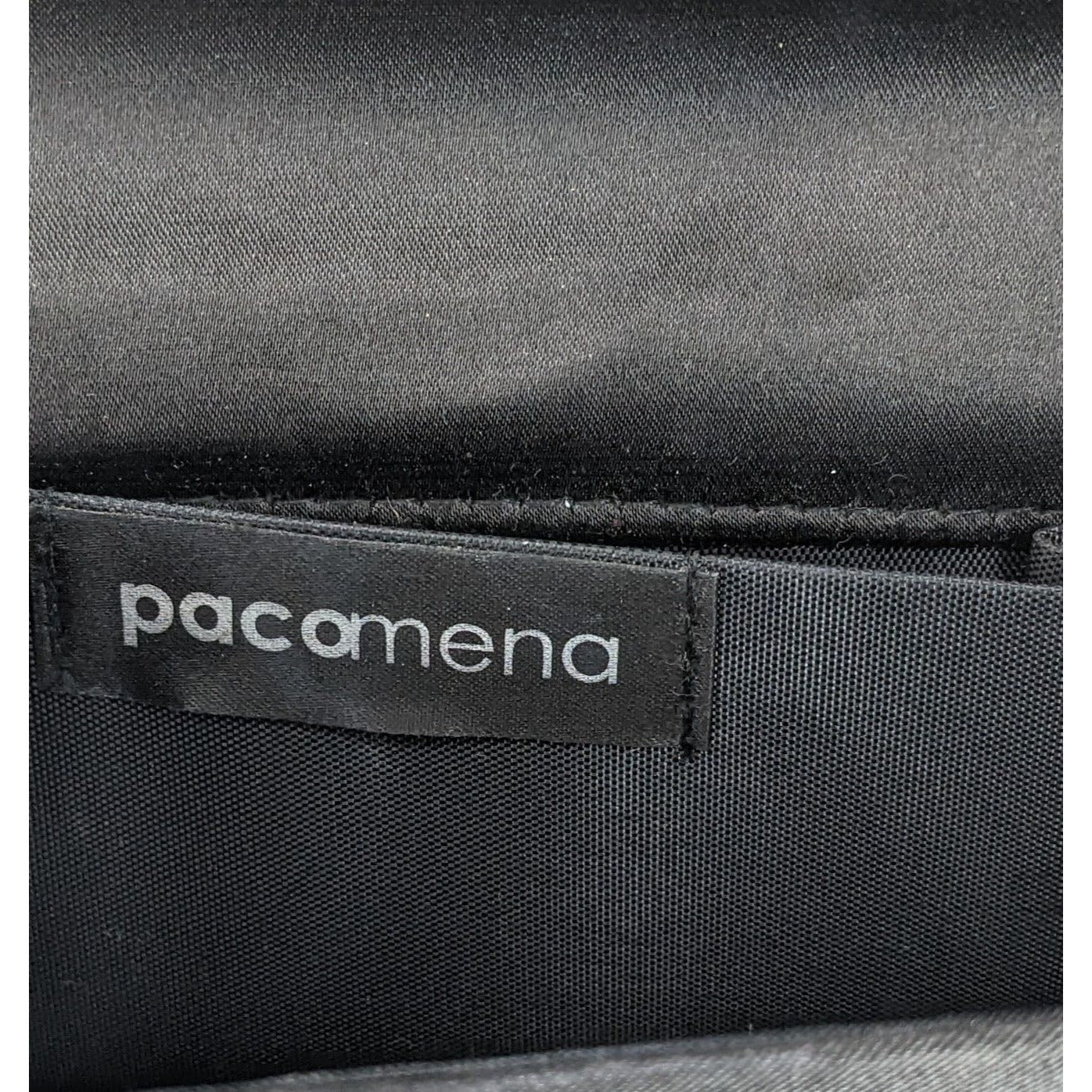 Y2K Style Pacomena By Menbur Black Satin Clutch Purse With Chain Strap & Rhinestone Accent