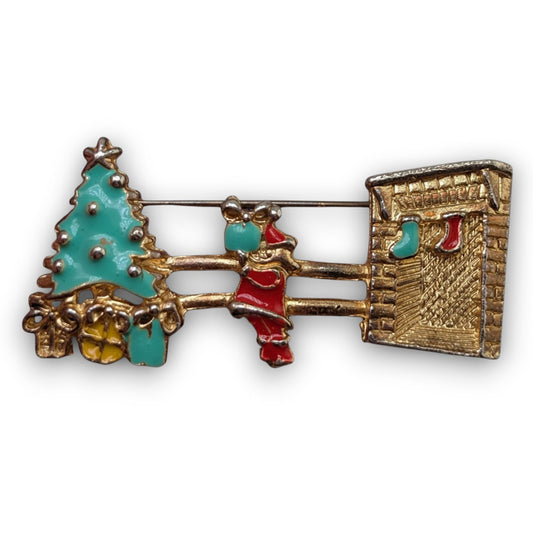 Vintage Whimsical Enamel Multicolor Santa Christmas Scene Brooch 2 Inch
