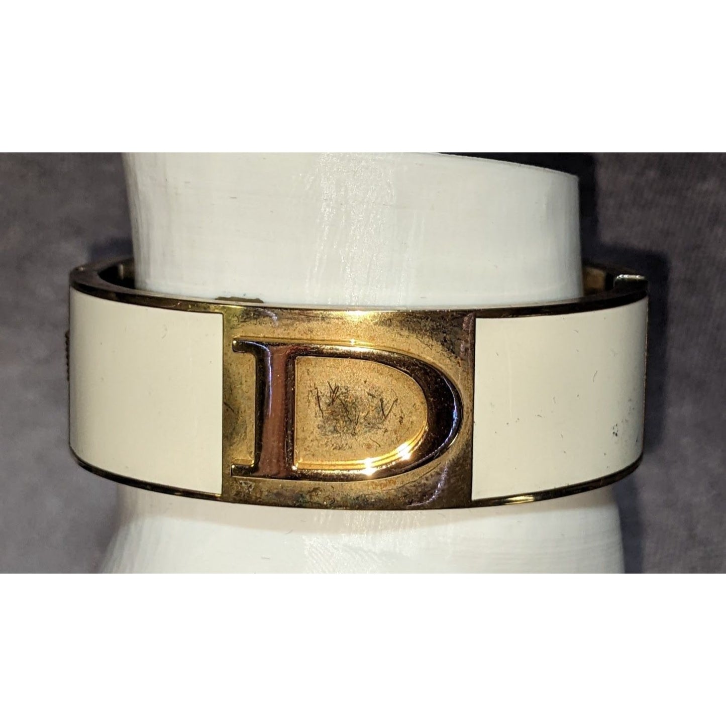 Mod C Wonder Cream Gold D Logo Enamel Cuff Bracelet Statement Jewelry