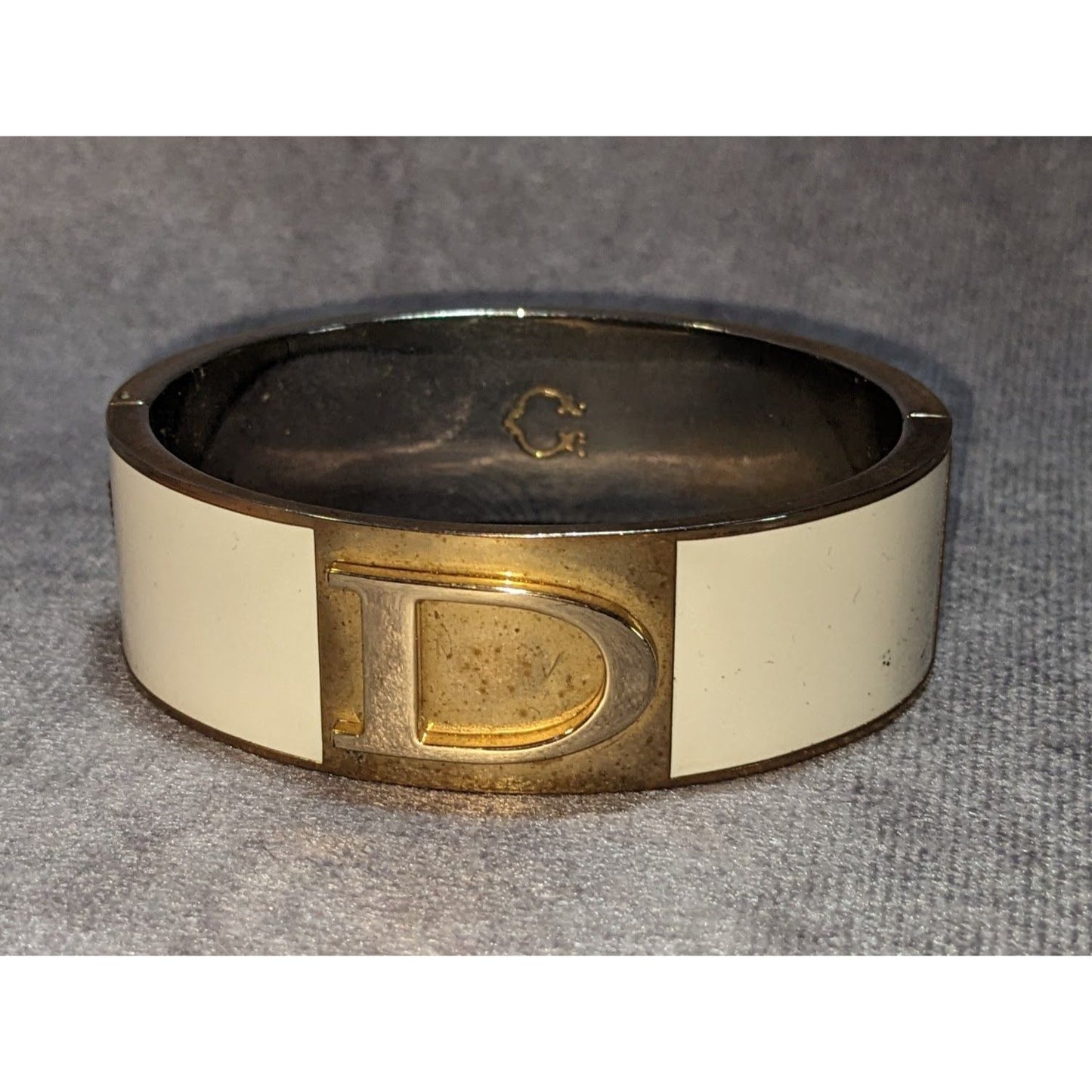 Mod C Wonder Cream Gold D Logo Enamel Cuff Bracelet Statement Jewelry