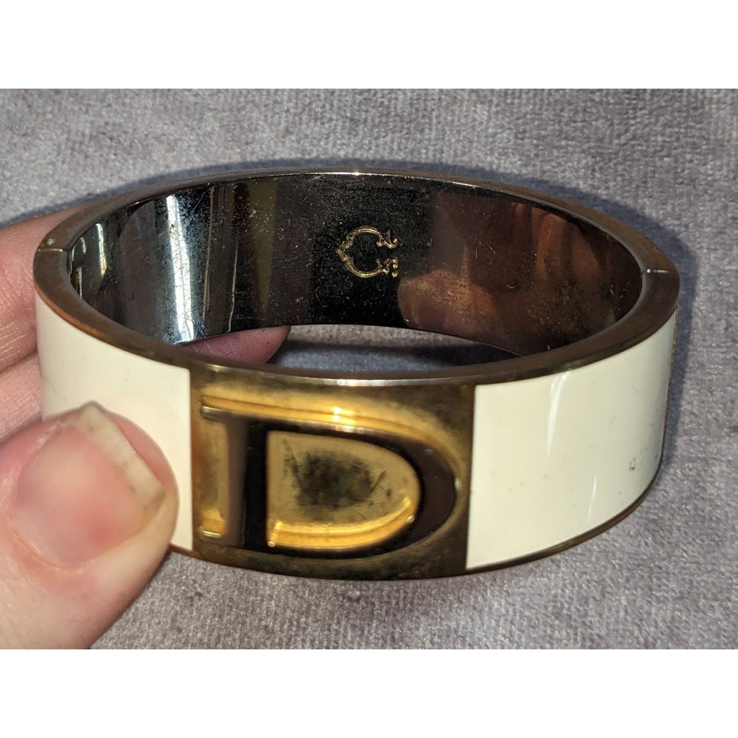 Mod C Wonder Cream Gold D Logo Enamel Cuff Bracelet Statement Jewelry