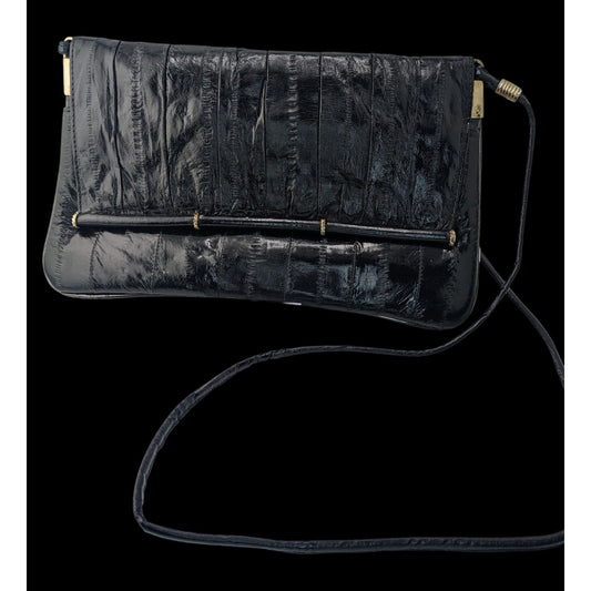 Vintage 80s Genuine Eel Skin Black Clutch Purse With 22-Inch Strap Drop Korean Craftsmanship