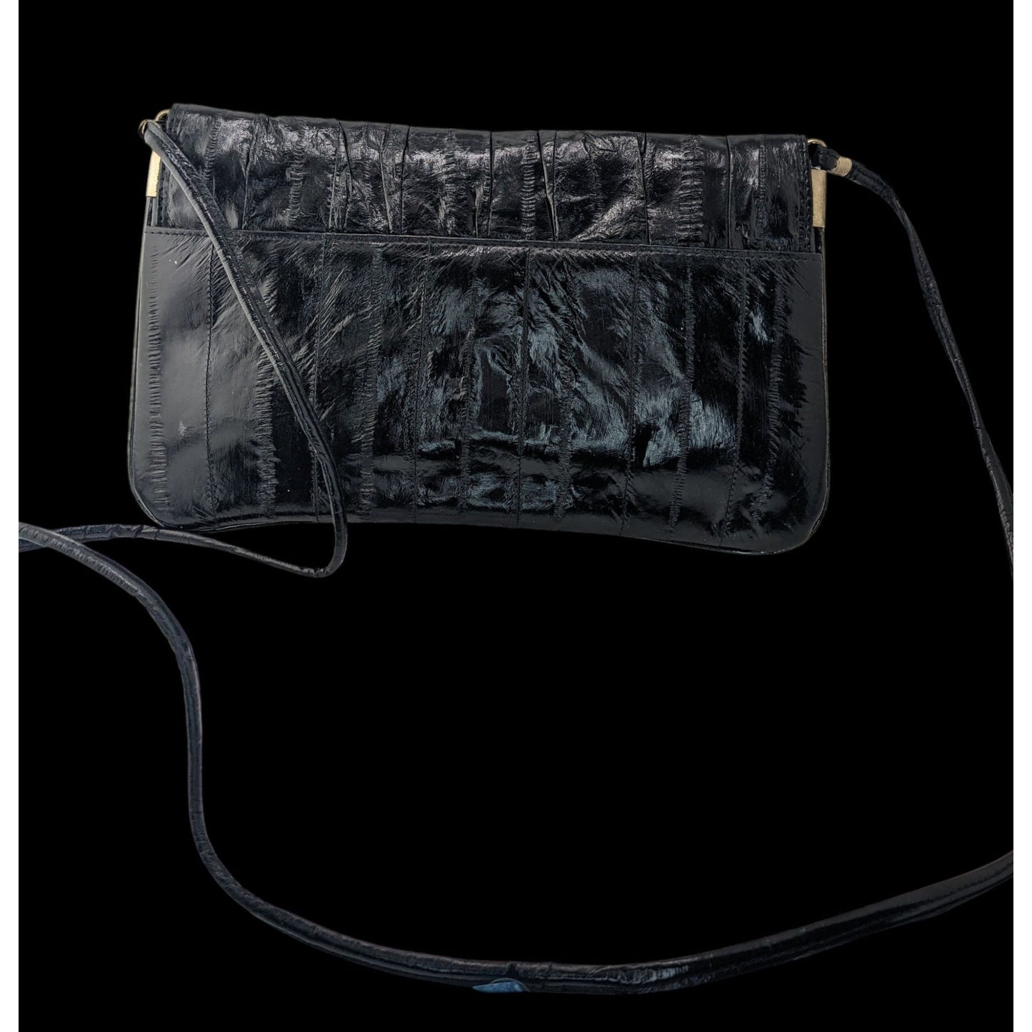 Vintage 80s Genuine Eel Skin Black Clutch Purse With 22-Inch Strap Drop Korean Craftsmanship