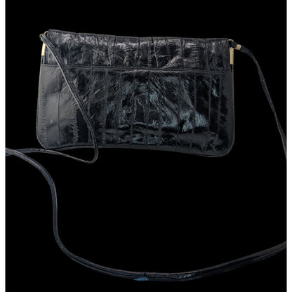 Vintage 80s Genuine Eel Skin Black Clutch Purse With 22-Inch Strap Drop Korean Craftsmanship