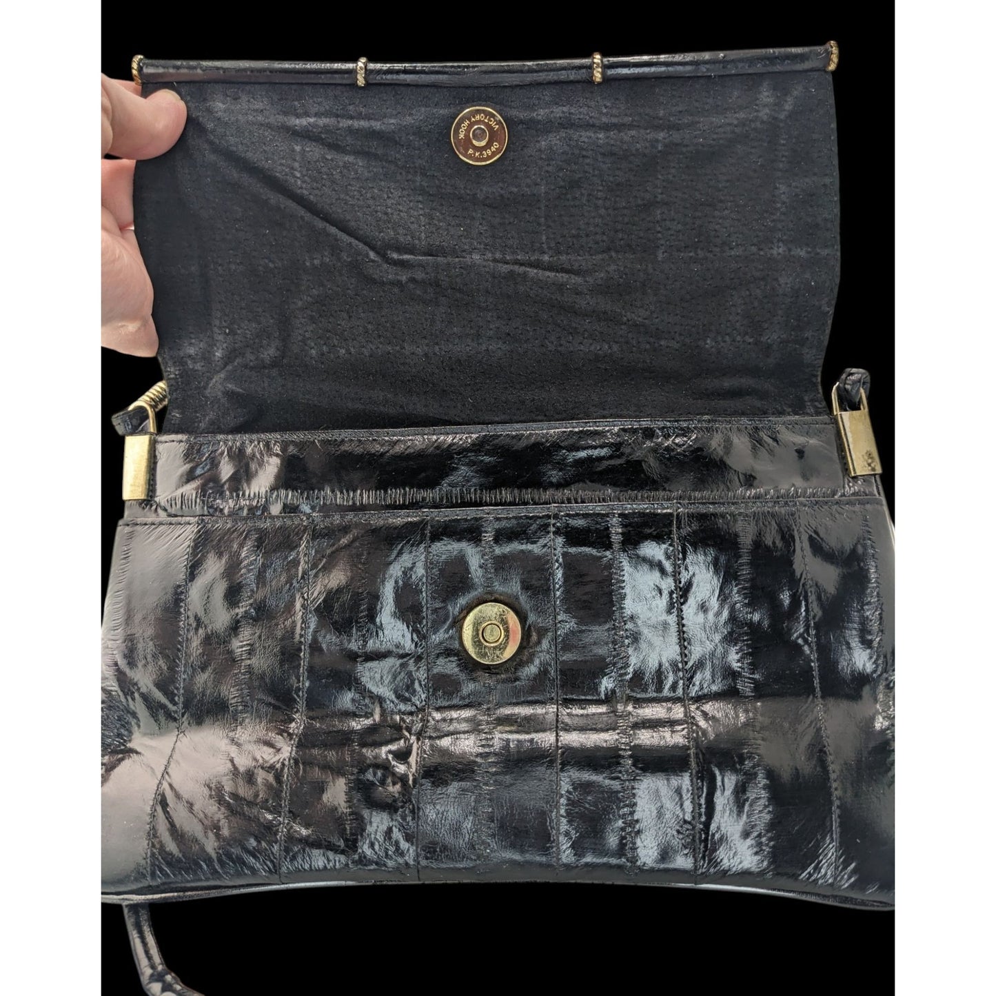 Vintage 80s Genuine Eel Skin Black Clutch Purse With 22-Inch Strap Drop Korean Craftsmanship