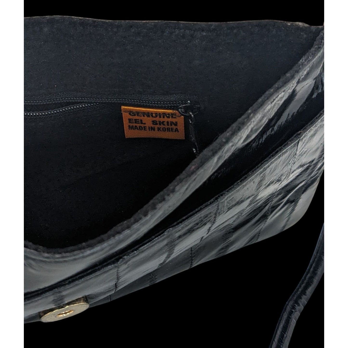 Vintage 80s Genuine Eel Skin Black Clutch Purse With 22-Inch Strap Drop Korean Craftsmanship