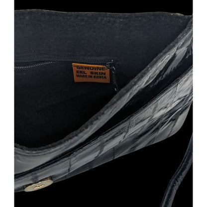 Vintage 80s Genuine Eel Skin Black Clutch Purse With 22-Inch Strap Drop Korean Craftsmanship