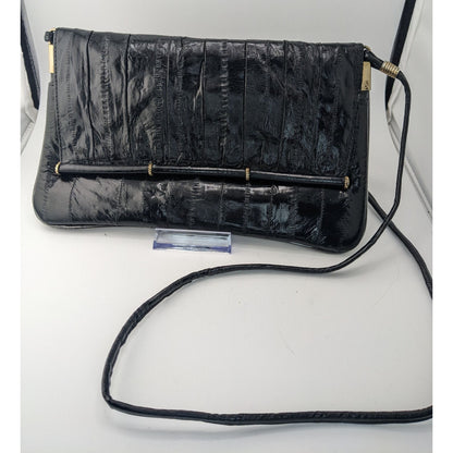 Vintage 80s Genuine Eel Skin Black Clutch Purse With 22-Inch Strap Drop Korean Craftsmanship