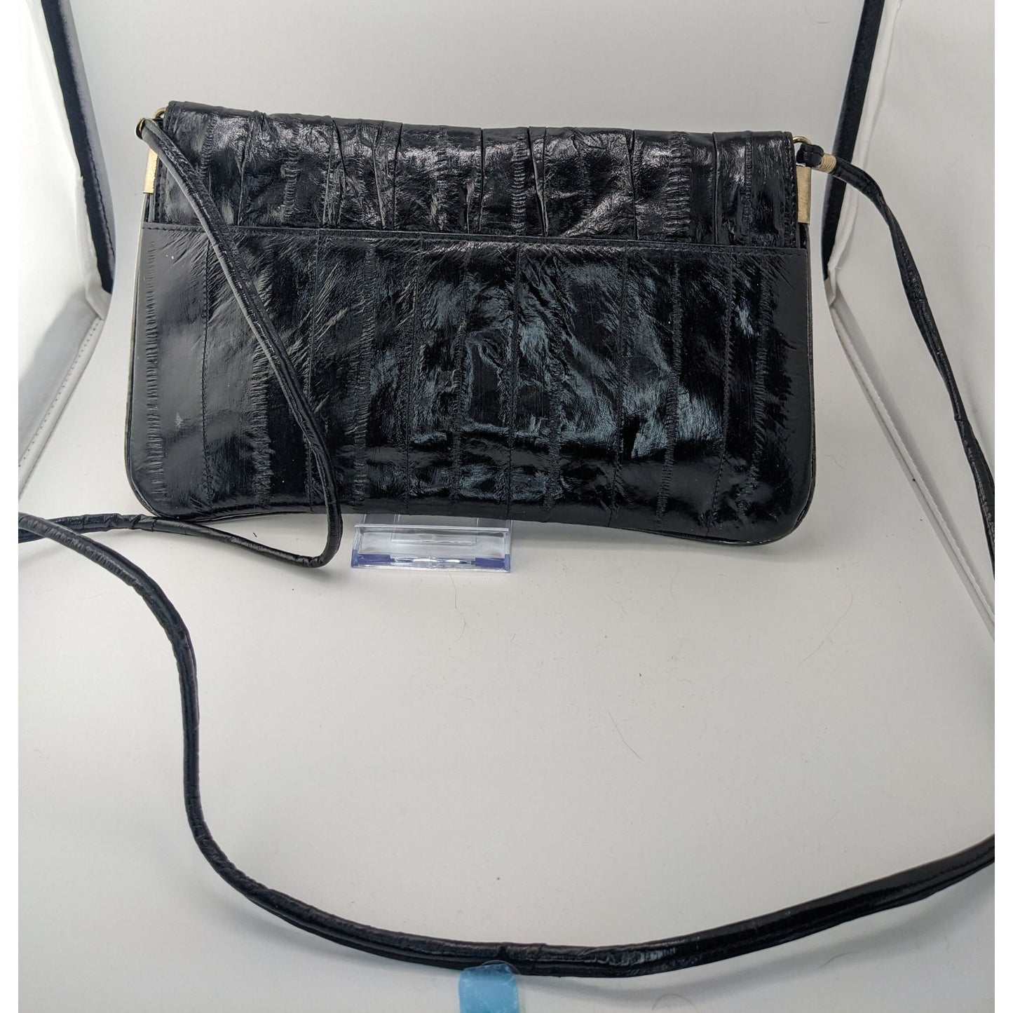 Vintage 80s Genuine Eel Skin Black Clutch Purse With 22-Inch Strap Drop Korean Craftsmanship