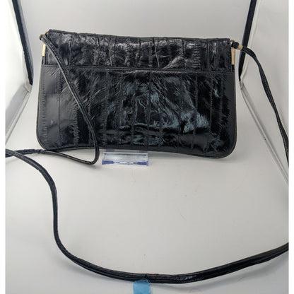 Vintage 80s Genuine Eel Skin Black Clutch Purse With 22-Inch Strap Drop Korean Craftsmanship