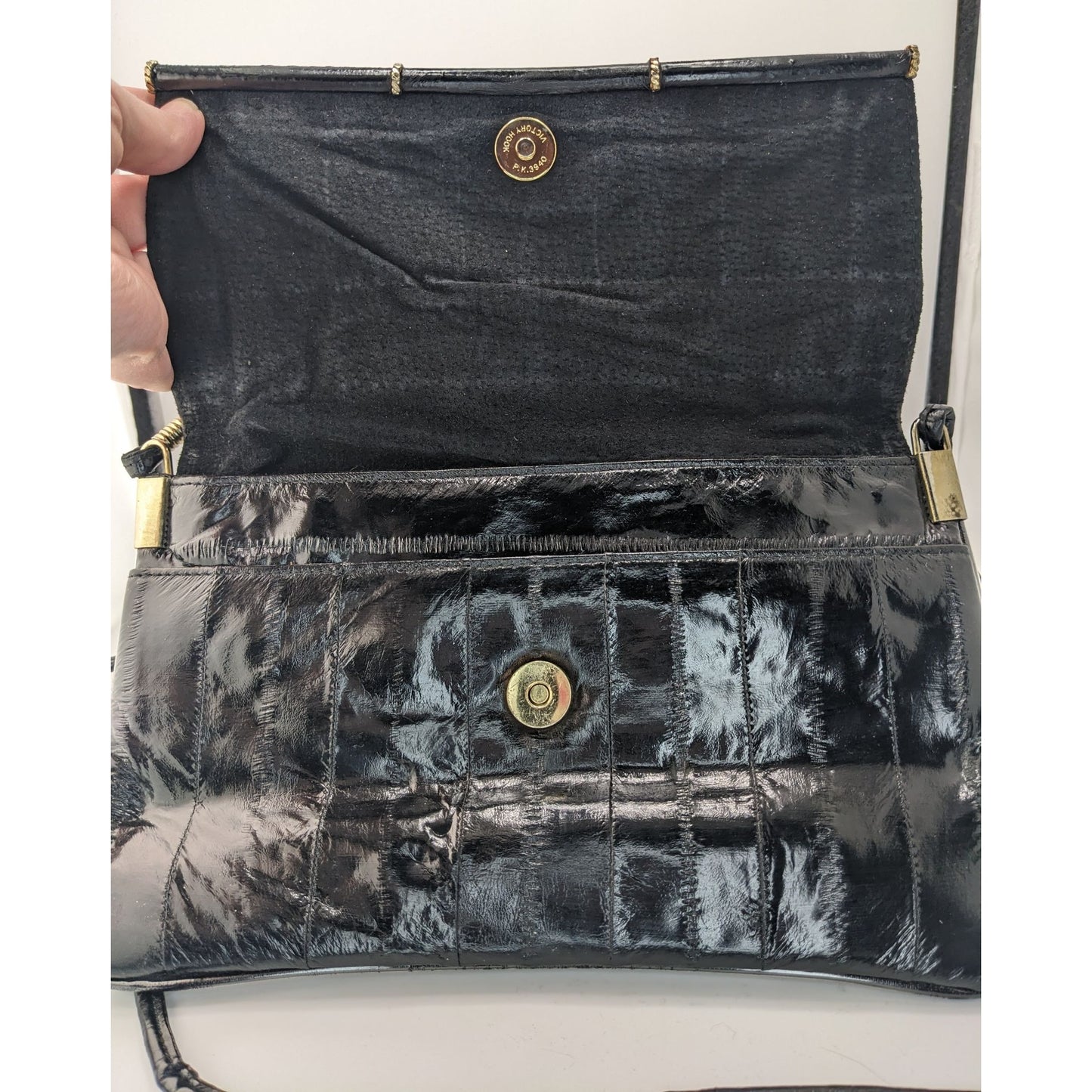 Vintage 80s Genuine Eel Skin Black Clutch Purse With 22-Inch Strap Drop Korean Craftsmanship