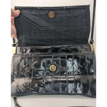 Vintage 80s Genuine Eel Skin Black Clutch Purse With 22-Inch Strap Drop Korean Craftsmanship