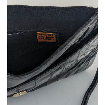 Vintage 80s Genuine Eel Skin Black Clutch Purse With 22-Inch Strap Drop Korean Craftsmanship