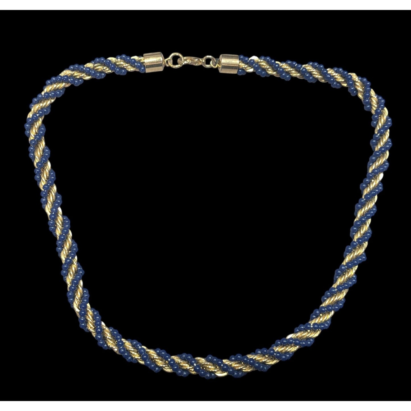 Elegant Vintage French Twist Gold Tone Chain Necklace With Blue Glass Beads