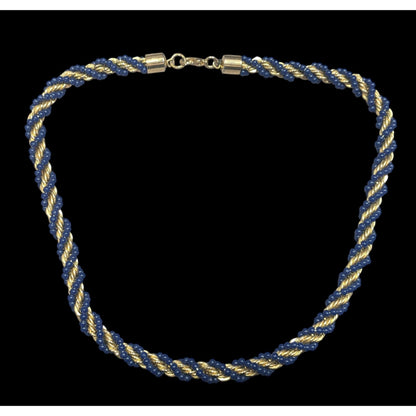 Elegant Vintage French Twist Gold Tone Chain Necklace With Blue Glass Beads