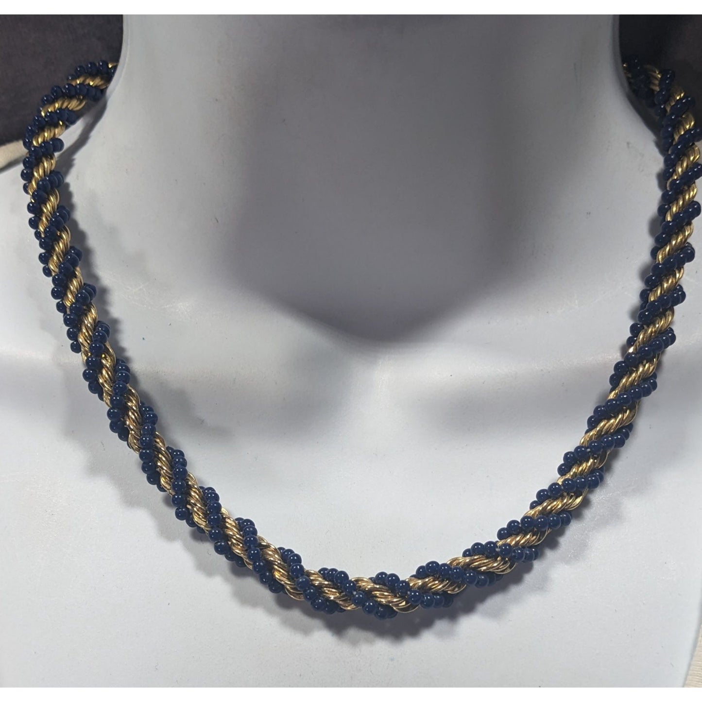 Elegant Vintage French Twist Gold Tone Chain Necklace With Blue Glass Beads