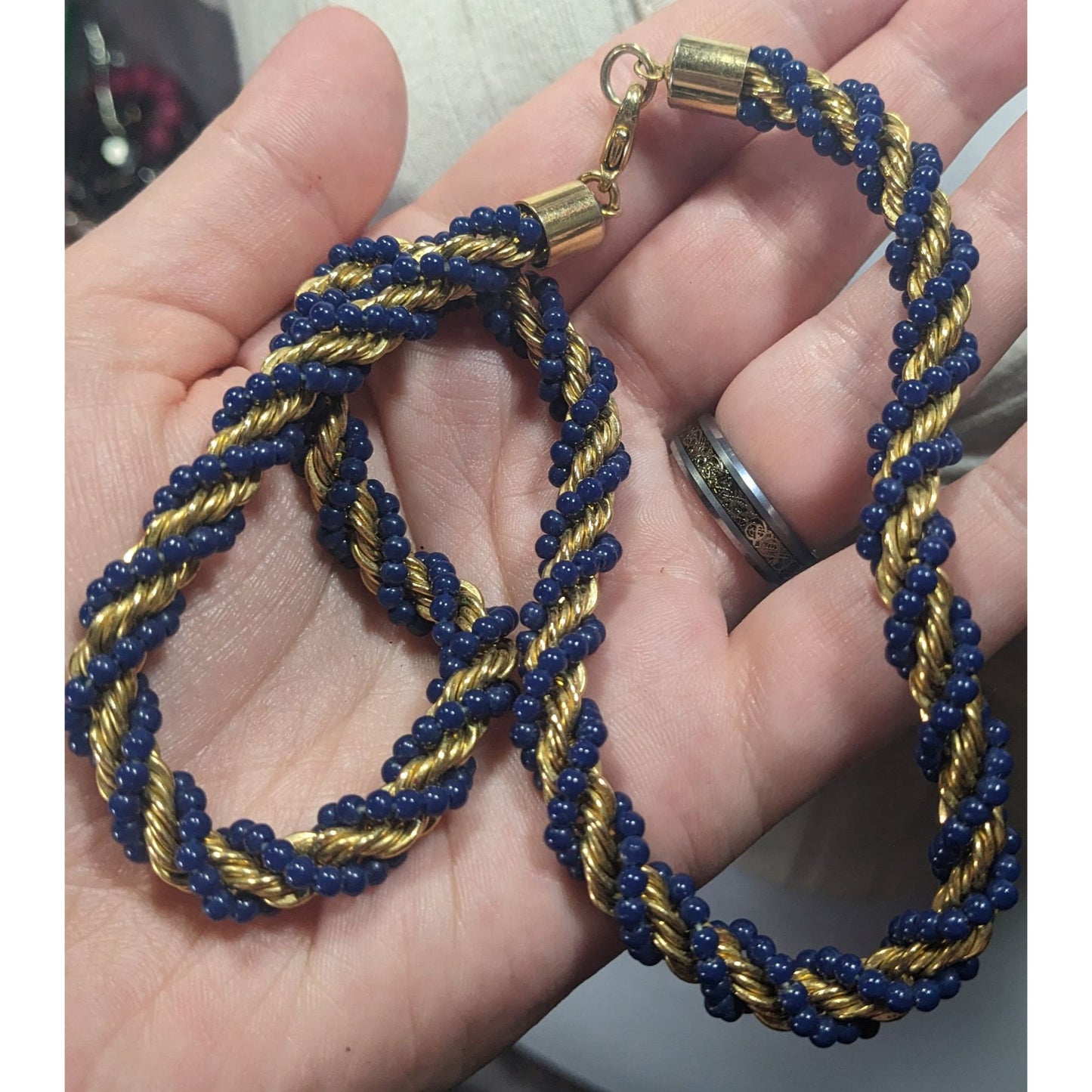 Elegant Vintage French Twist Gold Tone Chain Necklace With Blue Glass Beads