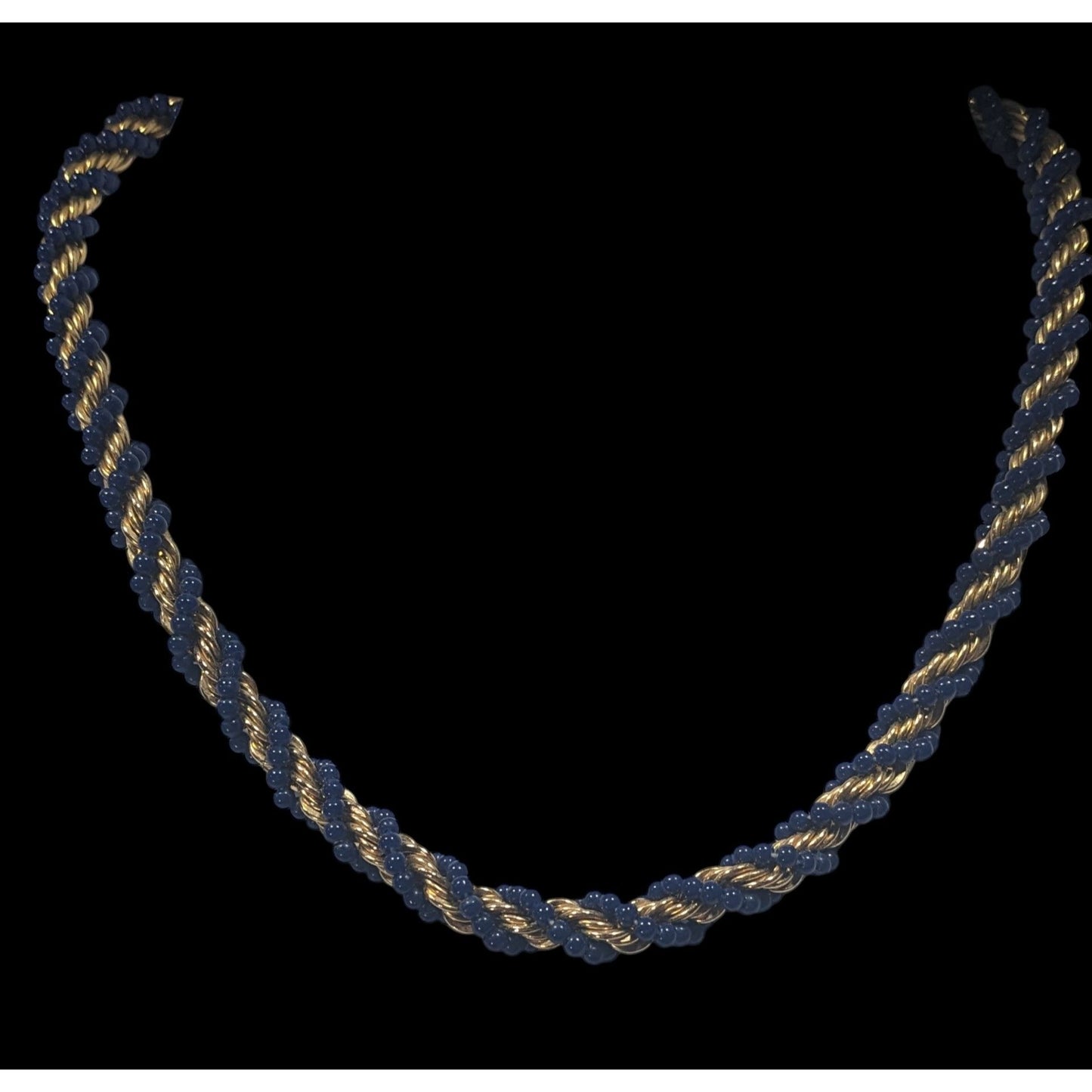 Elegant Vintage French Twist Gold Tone Chain Necklace With Blue Glass Beads
