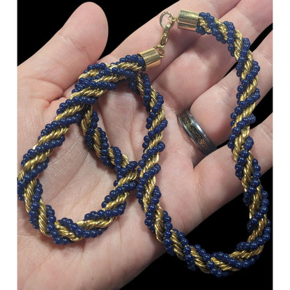 Elegant Vintage French Twist Gold Tone Chain Necklace With Blue Glass Beads