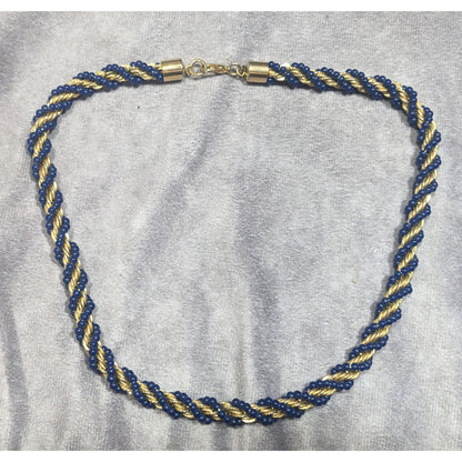 Elegant Vintage French Twist Gold Tone Chain Necklace With Blue Glass Beads
