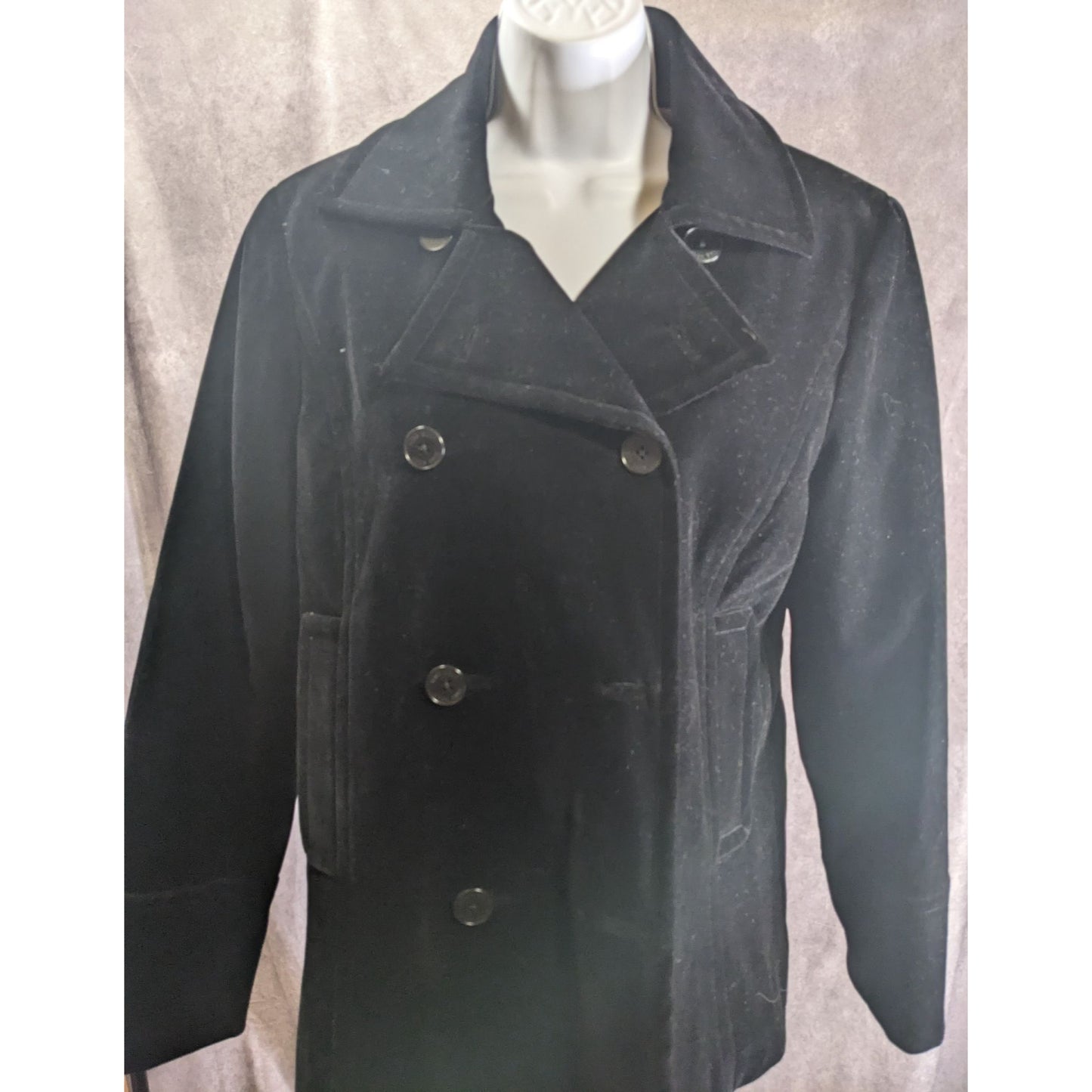 Nine West Black Velvet Double-Breasted Peacoat Medium Quilted Lining