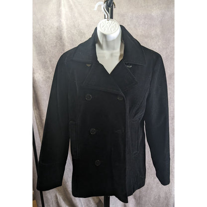 Nine West Black Velvet Double-Breasted Peacoat Medium Quilted Lining