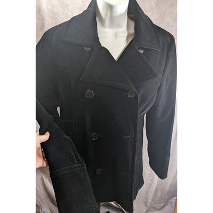 Nine West Black Velvet Double-Breasted Peacoat Medium Quilted Lining