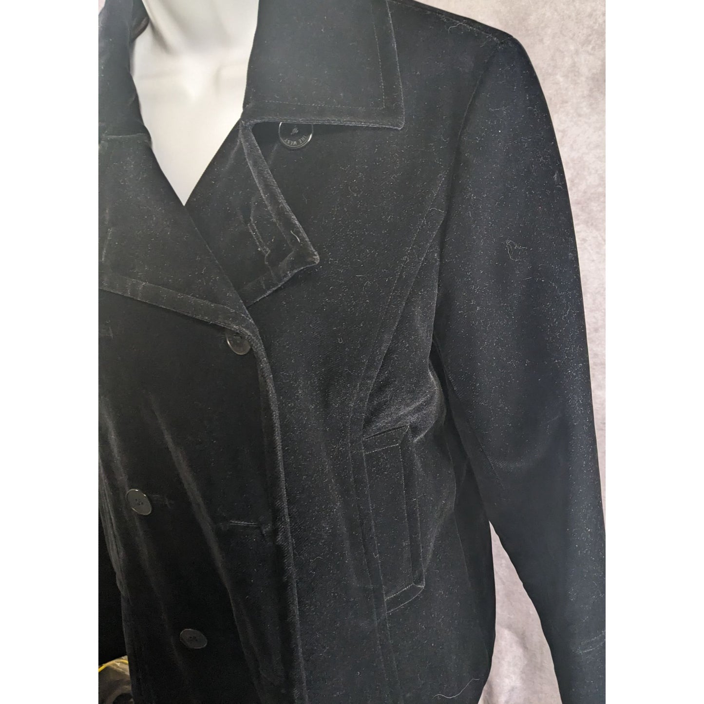 Nine West Black Velvet Double-Breasted Peacoat Medium Quilted Lining