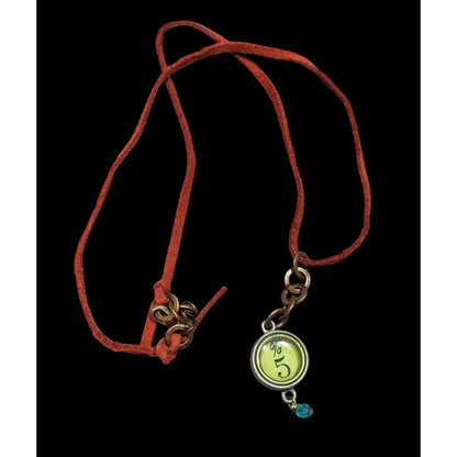Handcrafted Steampunk Red Suede Necklace With %5 Green Charm & Blue Bead Pendant