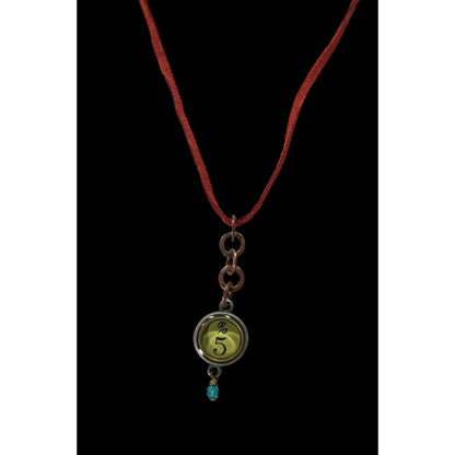 Handcrafted Steampunk Red Suede Necklace With %5 Green Charm & Blue Bead Pendant