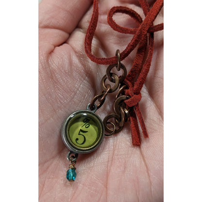Handcrafted Steampunk Red Suede Necklace With %5 Green Charm & Blue Bead Pendant